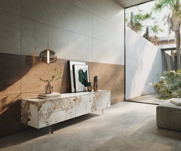 DELIFE Tv-meubel Cuor 180 cm Keramiek Minas Melange Wit-beige 1 Flap 2 Laden Zwevende voet look Acrylglas