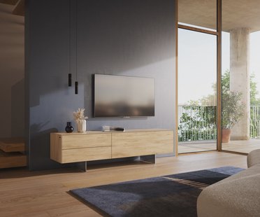 DELIFE Tv-meubel Cuor 180 cm Keramiek Laminam® Sabbia Eiken gekleurd 1 Flap 2 Laden Zwevende voet look Roestvrij staal