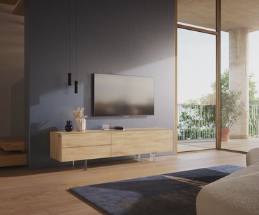 DELIFE Tv-meubel Cuor 180 cm Keramiek Laminam® Sabbia Eiken gekleurd 1 Flap 2 Laden Zwevende voet look Acrylglas