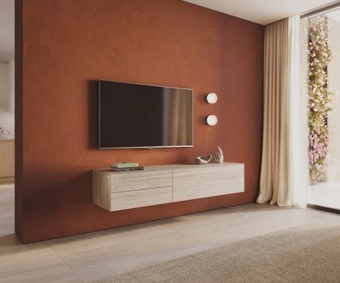 DELIFE Tv-meubel Cuor 180 cm Keramiek Laminam® Travertino Bianco Crème-wit 1 Flap 2 Laden Zwevend