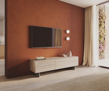 DELIFE Tv-meubel Cuor 180 cm Keramiek Laminam® Travertino Bianco Crème-wit 1 Flap 2 Laden Zwevende voet look Roestvrij staal