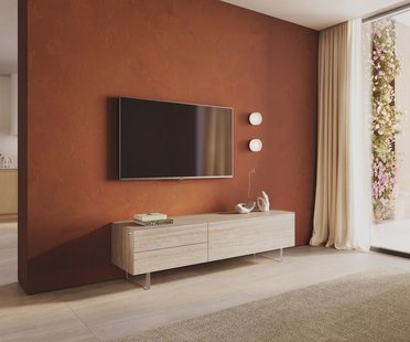 DELIFE Tv-meubel Cuor 180 cm Keramiek Laminam® Travertino Bianco Crème-wit 1 Flap 2 Laden Zwevende voet look Acrylglas