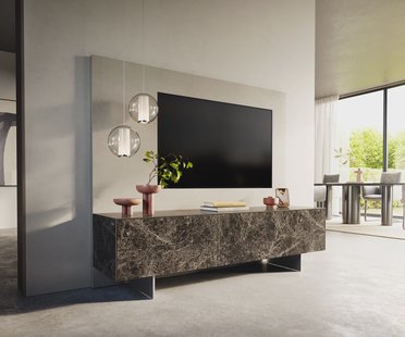 DELIFE Tv-meubel Cuor 180 cm Keramiek Emperador Extra Lucidato Donkerbruin 1 Flap 2 Laden Zwevende voet look Roestvrij staal