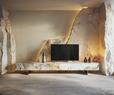 DELIFE Tv-meubel Cuor 250 cm Keramiek Minas Melange Wit-beige 1 Flap 1 Lade Zwevende voet look Roestvrij staal