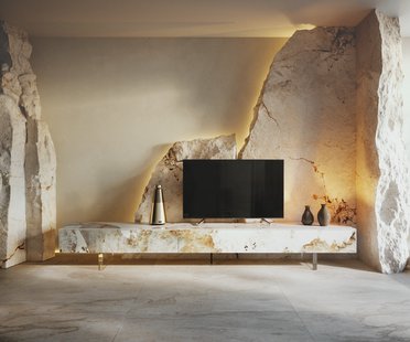 DELIFE Tv-meubel Cuor 250 cm Keramiek Minas Melange Wit-beige 1 Flap 1 Lade Zwevende voet look Acrylglas