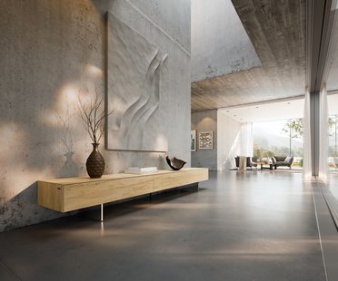 DELIFE Tv-meubel Cuor 250 cm Keramiek Laminam® Sabbia Eiken gekleurd 1 Flap 1 Lade Zwevende voet look Roestvrij staal