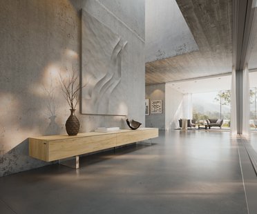 DELIFE Tv-meubel Cuor 250 cm Keramiek Laminam® Sabbia Eiken gekleurd 1 Flap 1 Lade Zwevende voet look Acrylglas