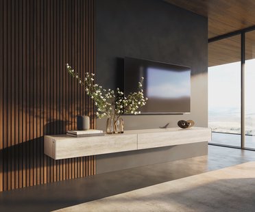 DELIFE Tv-meubel Cuor 250 cm Keramiek Laminam® Travertino Bianco Crème-wit 1 Flap 1 Lade Zwevend