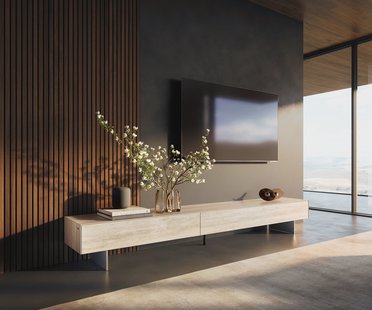 DELIFE Tv-meubel Cuor 250 cm Keramiek Laminam® Travertino Bianco Crème-wit 1 Flap 1 Lade Zwevende voet look Roestvrij staal