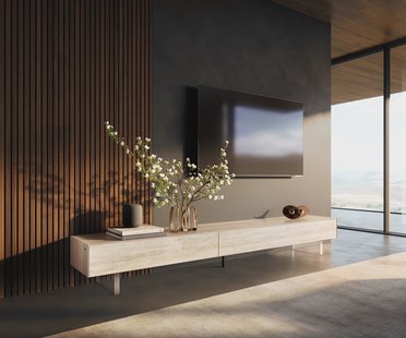 DELIFE Tv-meubel Cuor 250 cm Keramiek Laminam® Travertino Bianco Crème-wit 1 Flap 1 Lade Zwevende voet look Acrylglas