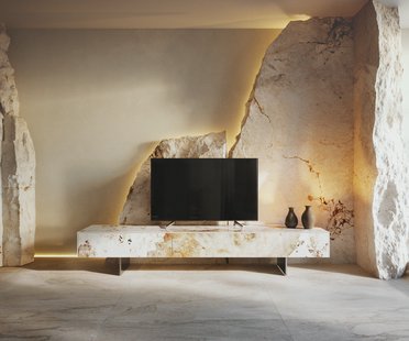 DELIFE Tv-meubel Cuor 200 cm Keramiek Minas Melange Wit-beige 1 Flap 1 Lade Zwevende voet look Roestvrij staal