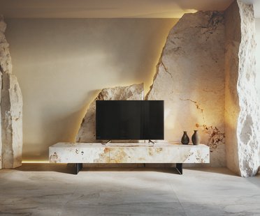 DELIFE Tv-meubel Cuor 200 cm Keramiek Minas Melange Wit-beige 1 Flap 1 Lade Zwevende voet look Metaal Zwart