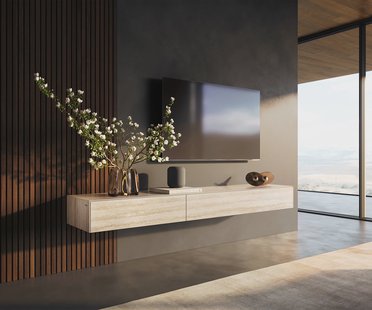 DELIFE Tv-meubel Cuor 200 cm Keramiek Laminam® Travertino Bianco Crème-wit 1 Flap 1 Lade Zwevend