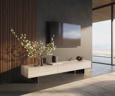 DELIFE Tv-meubel Cuor 200 cm Keramiek Laminam® Travertino Bianco Crème-wit 1 Flap 1 Lade Zwevende voet look Metaal Zwart