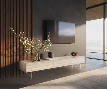 DELIFE Tv-meubel Cuor 200 cm Keramiek Laminam® Travertino Bianco Crème-wit 1 Flap 1 Lade Zwevende voet look Acrylglas