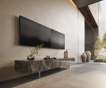 DELIFE Tv-meubel Cuor 200 cm Keramiek Emperador Extra Lucidato Donkerbruin 1 Flap 1 Lade Zwevende voet look Acrylglas