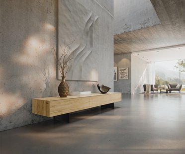 DELIFE Tv-meubel Cuor 200 cm Keramiek Laminam® Sabbia Eiken gekleurd 1 Flap 1 Lade Zwevende voet look Metaal Zwart