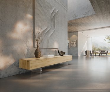 DELIFE Tv-meubel Cuor 200 cm Keramiek Laminam® Sabbia Eiken gekleurd 1 Flap 1 Lade Zwevende voet look Acrylglas