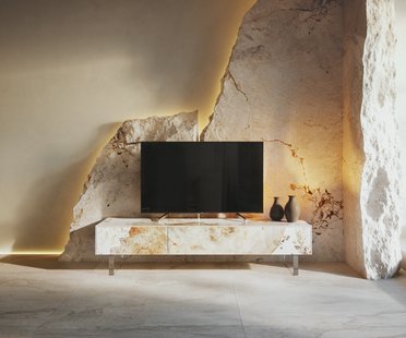 DELIFE Tv-meubel Cuor 150 cm Keramiek Minas Melange Wit-beige 1 Flap 1 Lade Zwevende voet look Acrylglas