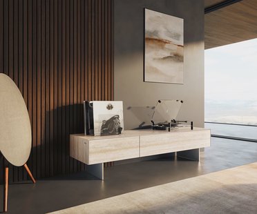 DELIFE Tv-meubel Cuor 150 cm Keramiek Laminam® Travertino Bianco Crème-wit 1 Flap 1 Lade Zwevende voet look Roestvrij staal