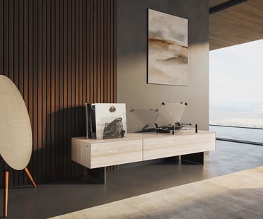 DELIFE Tv-meubel Cuor 150 cm Keramiek Laminam® Travertino Bianco Crème-wit 1 Flap 1 Lade Zwevende voet look Metaal Zwart