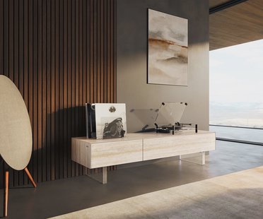 DELIFE Tv-meubel Cuor 150 cm Keramiek Laminam® Travertino Bianco Crème-wit 1 Flap 1 Lade Zwevende voet look Acrylglas