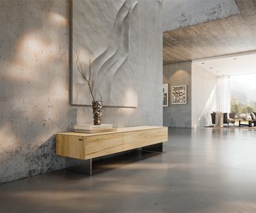 DELIFE Tv-meubel Cuor 150 cm Keramiek Laminam® Sabbia Eiken gekleurd 1 Flap 1 Lade Zwevende voet look Roestvrij staal