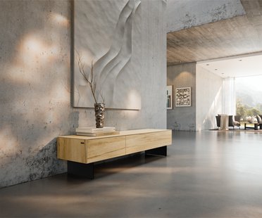 DELIFE Tv-meubel Cuor 150 cm Keramiek Laminam® Sabbia Eiken gekleurd 1 Flap 1 Lade Zwevende voet look Metaal Zwart