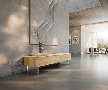 DELIFE Tv-meubel Cuor 150 cm Keramiek Laminam® Sabbia Eiken gekleurd 1 Flap 1 Lade Zwevende voet look Acrylglas