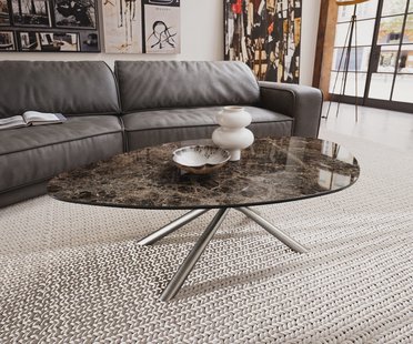 DELIFE Salontafel Edge Organisch 140x76 cm keramiek Laminam® Emperador Extra Lucidato donkerbruin Sarity geborsteld roestvrij staal