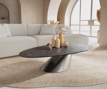 DELIFE Salontafel Edge Oval 140x75 cm keramiek Laminam® Noir Desir bruin Conis geborsteld roestvrij staal