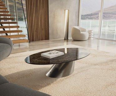 DELIFE Salontafel Edge Oval 140x80 cm keramiek Laminam® Emperador Extra Lucidato donkerbruin Conis geborsteld roestvrij staal