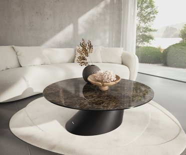 DELIFE Salontafel Edge rond 100x100 cm keramiek Laminam® Emperador Extra Lucidato donkerbruin Conis zwart metaal