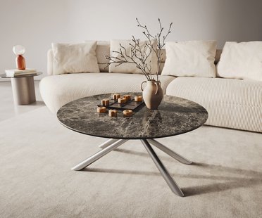 DELIFE Salontafel Edge rond 90x90 cm keramiek Laminam® Emperador Extra Lucidato donkerbruin Sarity geborsteld roestvrij staal