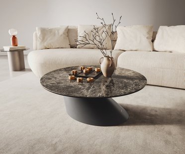 DELIFE Salontafel Edge rond 90x90 cm keramiek Laminam® Emperador Extra Lucidato donkerbruin Conis zwart metaal