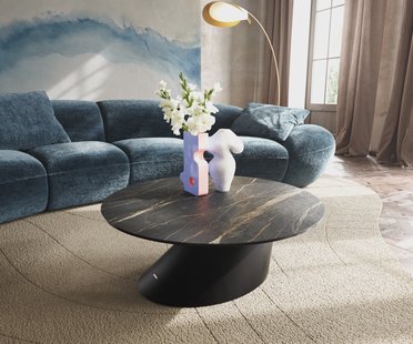 DELIFE Salontafel Edge rond 90x90 cm keramiek Laminam® Noir Desir bruin Conis zwart metaal