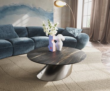 DELIFE Salontafel Edge rond 90x90 cm keramiek Laminam® Noir Desir bruin Conis geborsteld roestvrij staal