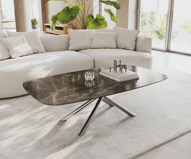 DELIFE Salontafel Edge Boot 140x80 cm keramiek Laminam® Emperador Extra Lucidato donkerbruin Sarity geborsteld roestvrij staal