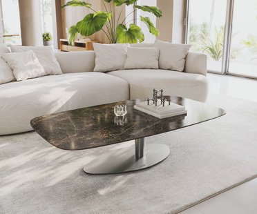 DELIFE Salontafel Edge Boot 140x80 cm keramiek Laminam® Emperador Extra Lucidato donkerbruin Vibany geborsteld roestvrij staal