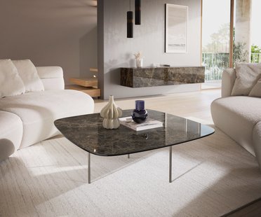 DELIFE Salontafel Edge Boot 90x90 cm keramiek Laminam® Emperador Extra Lucidato donkerbruin Trive geborsteld roestvrij staal