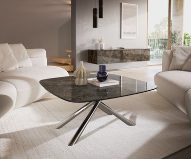 DELIFE Salontafel Edge Boot 90x90 cm keramiek Laminam® Emperador Extra Lucidato donkerbruin Sarity geborsteld roestvrij staal