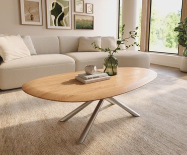 DELIFE Salontafel Edge Oval 140x75 cm Eiken Naturel ronde rand Sarity geborsteld roestvrij staal