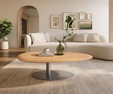 DELIFE Salontafel Edge Oval 140x75 cm Eiken Naturel ronde rand Vibany geborsteld roestvrij staal