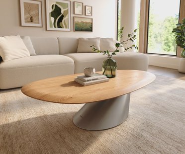 DELIFE Salontafel Edge Oval 140x75 cm Eiken Naturel ronde rand Conis geborsteld roestvrij staal
