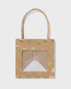 HEMA Cadeautasje met venster 10x11x11cm kraft hartjes goud