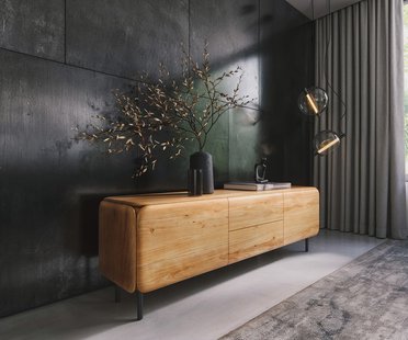 DELIFE TV-meubel Shavani 175 cm acacia natuur 2 deuren 2 lades ronde voet metaal zwart