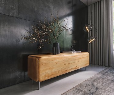 DELIFE TV-meubel Shavani 175 cm acacia natuur 2 deuren 2 lades ronde voet RVS zilver