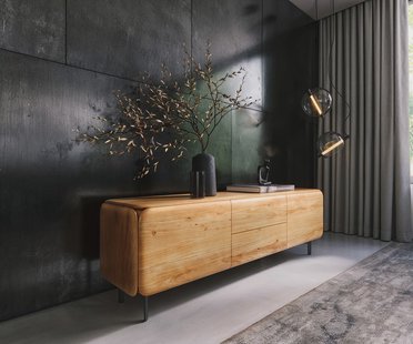 DELIFE TV-meubel Shavani 175 cm acacia natuur 2 deuren 2 lades ovale metalen poot zwart