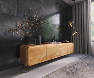 DELIFE TV-meubel Shavani 200 cm acacia natuur 4 deuren ronde voet metaal zwart