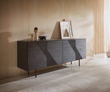 DELIFE Dressoir Tereos 200 cm essenhout donkerbruin 3D-effect 4 deuren ronde voet metaal zwart